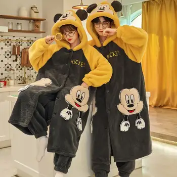 Anime Disney Kış Kalınlaşmak Pijama Mickey Uzun Gecelik Seti Sevimli Pazen Çift Pijama Ev Giyim 2 Parça Set noel hediyesi
