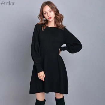 ARTKA 2019 Kış Yeni Kadın Kazak Elbiseler Dört Renk Sıcak Örme Kazak O-Boyun Fener Kollu Uzun Kazak Elbise YB10895Q