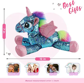 Athoınsu Flip Pullu Unicorn Dolması Hayvan Sparkle peluş oyuncaklar ile Geri Dönüşümlü Glitter Tatil doğum günü hediyesi için Çocuk, Mavi, 12’