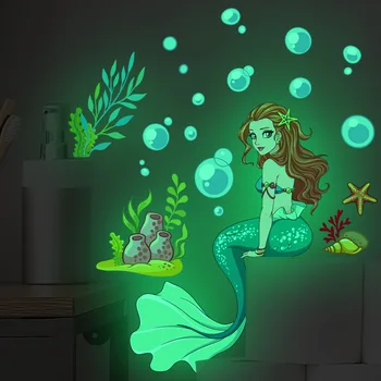 Aydınlık Mermaid duvar çıkartmaları Çocuk Odası Dekorasyon yeşil ışık sualtı Dünyası Karanlıkta Glow Çıkartmaları Ev dekor Duvar Çıkartması