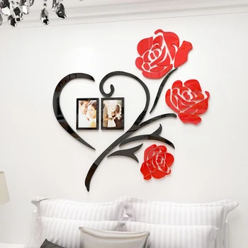 Aşk Gül Akrilik Ayna Duvar Çıkartmaları Oturma odası Yatak Odası İçin Düğün Romantik Dekorasyon Fotoğraf ahşap çatkı duvar çıkartmaları Ev Dekor