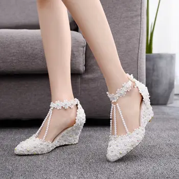 Bahar Yeni Dantel Çiçekler Sandalet Ziyafet Elbise Gelin Ayak Bileği Kayışı Düğün Ayakkabı Sivri Burun Büyük Boy Yüksek Topuklu Kadınlar İçin H0062