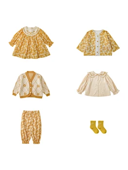 Bahar Çiçek Kız Nakış Bebek Yaka Elbise Bebek Rahat Tayt Pantolon Örgü Kazak Hırka Ceket