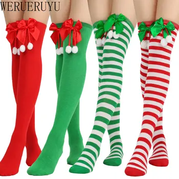 Bayan Noel Yaylar Kawaii Uzun Uyluk Yüksek Çorap Sonbahar Kış Örme Pamuk Sıcak Diz Üstü Sıkıştırma Çorap Kadınlar için