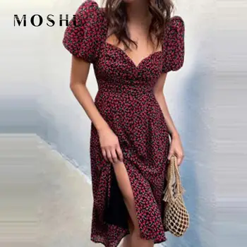 Bayanlar Vintage Maxi Elbise Kadınlar Çiçek Baskı Yaz İnce Rahat Yüksek Bel Elbise Kare Boyun Boho Plaj Retro Vestidos Kadın