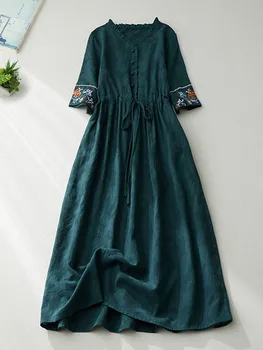 Bayanlar Zarif A-line uzun elbise Yeni Varış 2022 Yaz Vintage Stil Çiçek Nakış Gevşek Kadın günlük Elbiseler B1900