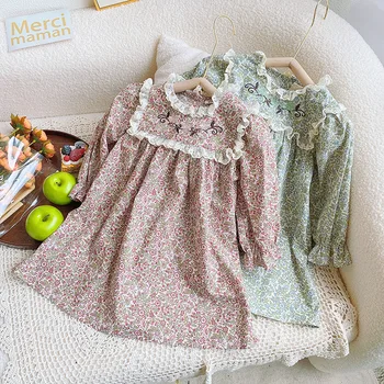 Bebek Kız Uzun Kollu çiçekli elbiseler Sonbahar İçin 2 3 4 5 6 7 Yıl Çocuk Kız Rahat Çiçek Baskı Nakış Prenses Elbise