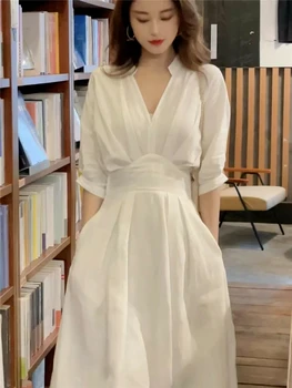 Beyaz Puf Kollu Kadın Elbise A-line V Yaka İnce Cep Ofis Bayan Uzun Zarif Rahat Vestidos 2023 Yeni