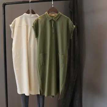 Büyük boy Kadın Pamuk Keten Elbise Rahat Yaz Kısa Kollu Gevşek Orta buzağı Katı Elbiseler Yeşil Harajuku Giyim