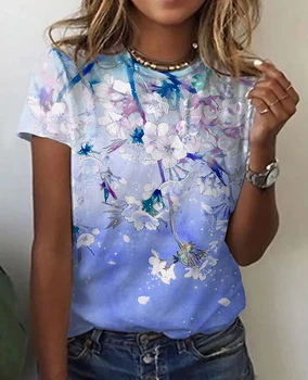 Büyük boy Yaz Üstleri 2022 Yeni Kadın Kısa Kollu 3D Çiçek Baskı T Shirt Çiçek Tema Streetwear Gevşek Rahat dişi t parça Tops