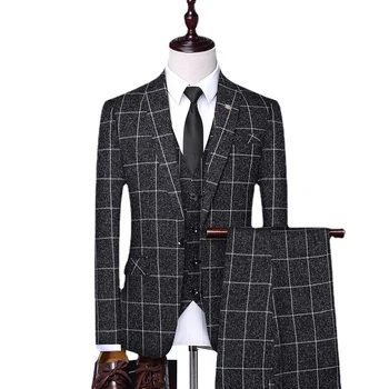 (Ceket + Yelek + Pantolon ) yeni High-end erkek düğün elbisesi Klasik İngiliz Ekose İş günlük giysi Resmi Üç parçalı Takım Elbise