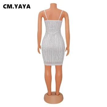 CM.YAYA Kadın Spagetti Kayışı Bodycon V Yaka Mini Kristal Boncuk Elbise 2022 Yaz Seksi Parti Bile Midi Kalem Vestidos Elbiseler