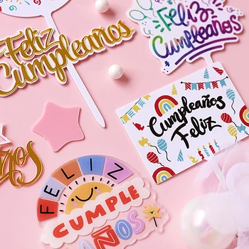 Colorful Feliz cumpleaños. Español Akrilik Mutlu Doğum Günü Pastası Topper İspanyolca Parti Dekorasyon Pişirme Malzemeleri