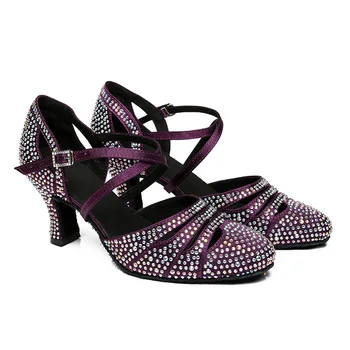DKZSYIM Siyah / Mor Latin Dans Ayakkabıları Kadın Balo Salonu Modern Dans Ayakkabıları Taklidi Salsa Partisi Düğün Dans Ayakkabıları Topuklu