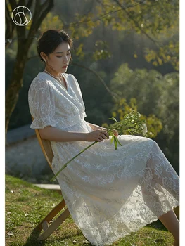 DUSHU Biraz Şişman Bayan V Yaka Mizaç Beyaz Elbise Romantik Tül Etek Dantel Bel Tasarım Uzun evaze elbise Yaz