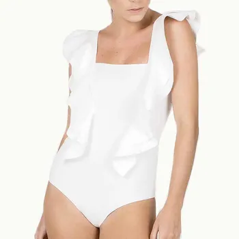 Düz Renk Fırfır Tek Parça Mayo Retro Kare Boyun Backless Bikini Seksi İnce Moda Mayo 2022 Kadınlar için