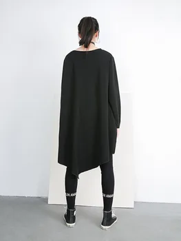 [EEM] 2023 Yeni Bahar Sonbahar Siyah Yuvarlak Boyun Uzun Kollu Büyük Boy Düzensiz Ekleme Cep T-shirt Kadın Moda Gelgit 1C019