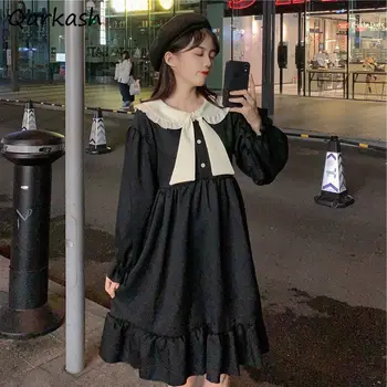 Elbise Kadın Peter Pan Yaka Ruffles Tatlı Kawaii Midi Vestidos Bahar Bayanlar Tasarım Moda Koleji Yumuşak Tatil Retro Japon