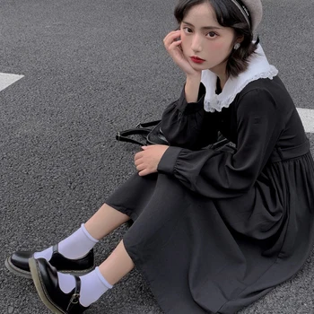 Elbise Kadınlar Yeni Sonbahar Peter Pan Yaka Sashes Öğrenciler Japon Patchwork Streetwear Bayan Maxi Elbiseler Güzel Siyah Vintage