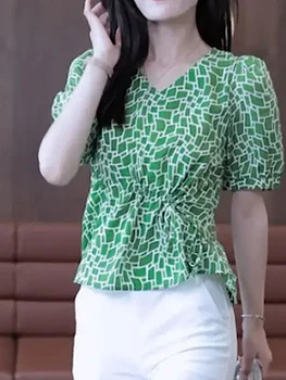 Elegance Kare Damalı Baskı Bluz Kadınlar Yeni Yaz V Yaka Kısa Kollu Pilili High End Şık Şifon Kazak Gömlek