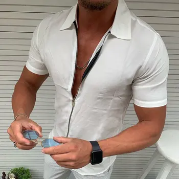 Erkek Gömlek 2022 Yaz erkek Gelgit Marka Yeni Moda Basit Düz Renk Rahat Kısa Kollu Fermuar Gömlek Hırka Giyim