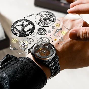 FeelNever Marka Erkekler İzle Lüks Mekanik Otomatik Saatler Tungsten Çelik Su Geçirmez Saat Moda Relogio Masculino