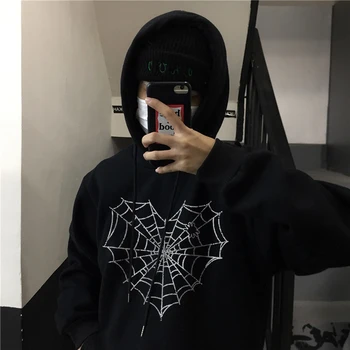 Gotik Örümcek Web Grunge Kapşonlu Erkekler Kazak Kış Hip Hop Vintage Y2k Giyim Artı Kadife Casual Streetwear Boy Tops