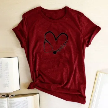 Hemşire Stetoskop Kalp Baskı T Shirt Kadın Kısa Kollu O Boyun Gevşek Gömlek Yaz Kadın Tee Gömlek Tops Camisetas Mujer