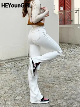 HEYounGIRL Bölünmüş Rahat Beyaz Kot Pantolon Kadın Zarif Sıska Yüksek Bel Kot Kadın Moda Cep yazlık pantolonlar Kapriler 2021