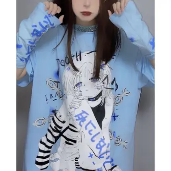 HOUZHOU Y2K Anime Mavi T Shirt Kadınlar Boy Gotik E Kız Baskı Camisetas De Mujer Bölünmüş Kollu Punk Goth Tişörtleri 2022