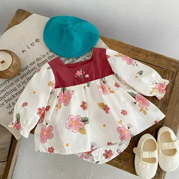 Ins sonbahar yeni bebek kız giyim bebek baskı çiçek Tulum uzun kollu romper elbise