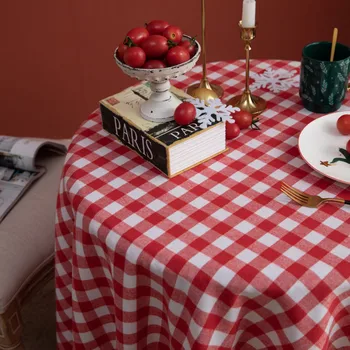 Iskandinav Noel masa örtüsü kırmızı ve beyaz ekose örtü bezi pamuk keten yuvarlak masa örtüsü kırmızı masa örtüsü