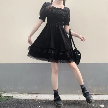 Japon Lolita Tarzı Kadın Prenses Siyah Mini Elbise Slash Boyun Yüksek Bel Gotik Elbise Puf Kollu Dantel Ruffles Parti Elbiseler
