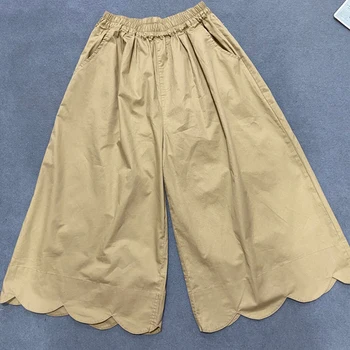 Johnature Japon Rahat Yaz Geniş Bacak Pantolon 2023 Yaz Yeni Düz Renk Gevşek Elastik Bel Düzensiz Kadın Buzağı uzunlukta Pantolon