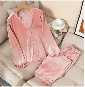 Kadife Pijama Kadın Sonbahar Kış Pijama Uzun SleeveCasual Kıyafeti Pijama Takım Gevşek Ev Giysileri Dantel Trim Uyku Seti