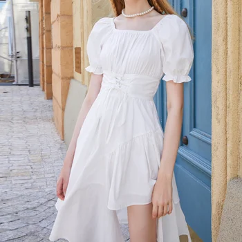 Kadın Beyaz Elbise Yaz Zarif Vintage Kawaii Puf Kollu Midi Elbise Kare Boyun Bandaj Güneş Elbise Gotik kadın