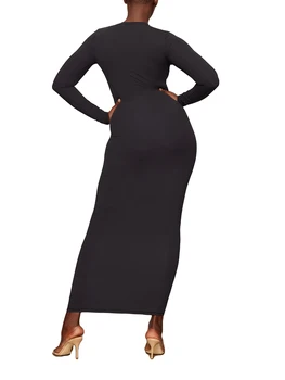 Kadın Bodycon uzun elbise yuvarlak boyun uzun kollu Slim-Fit düz renk elbiseler
