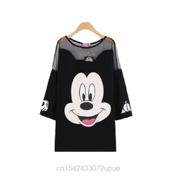 Kadın Büyük Boy Elbise 2022 Yaz Yeni Kore Karikatür Baskılı Büyük Gevşek Disney Mickey kısa kollu tişört Örgü Kumaş Üstleri