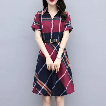 Kadın Elbise Yaz Kore Tarzı Çizgili Ekose Gömlek Elbise Kadın Rahat Kısa Kollu Kemer İnce OL İş Elbisesi Midi Elbise