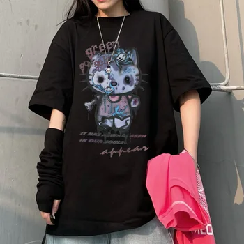 Kadın Moda Büyük Boy T Shirt Yaz Kawaii Kedi Baskı T-shirt Y2k Harajuku Estetik Siyah Üstleri Rahat Gömlek Kadın T Shirt