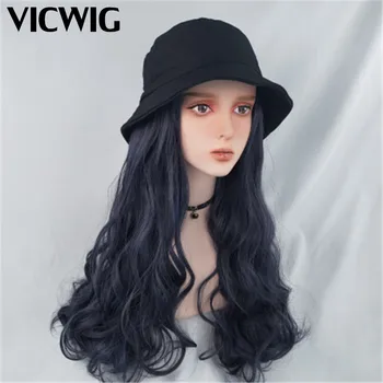 Kadın Peruk Şapka Pus Mavi Büyük Dalgalı Uzun Saç Balıkçı Şapka Peruk Bir Sentetik Saç
