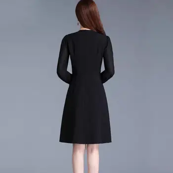 Kadın Sonbahar İnce Siyah Zarif Elbise Moda Ofis Bayan Yuvarlak Boyun Eklenmiş Uzun Kollu Yüksek Bel Elbiseler kadın giyim