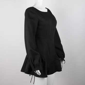 Kadın Sonbahar Vintage Parti O Boyun Katı siyah elbise Casual Mini Ruffled A-line Sundress Fener Kollu Backless Y2k Elbise 2021