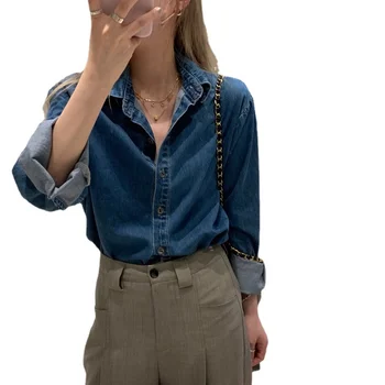 Kadın Y2k Moda Mavi Denim Bluz Indie Vintage Gömlek Mujer Güz 2022 Yaka Puf Kollu kısa kot pantolon Blousa Üstleri Şık Kadın
