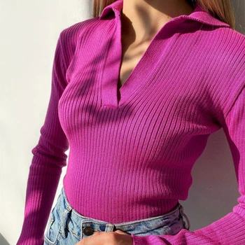 Kadın Y2K Örme Kazak Kazak Düz Renk V Boyun Uzun Kollu Nervürlü Slim sağlıklı tişört Sonbahar E-kız Jumper Üst Triko
