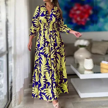 Kadın Zarif Çiçek baskılı uzun elbise İlkbahar / Sonbahar Rahat V Yaka Uzun Kollu Kadın Moda Banliyö Yüksek Bel askı elbise