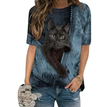 Kadın Üstleri Büyük Boy T-shirt Hip Hop Komik Kawaii Sevimli Kedi 3d Baskılı Kısa Kollu Yaz Moda Kadınlar Casual Kadın Giysileri