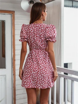 Kadınlar İlkbahar Yaz Puf Kol Haritayı Bel Desenli Elbise 2022 Yeni Seksi Çiçek Kısa Sundress Bayanlar