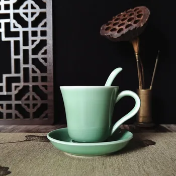 Kahve Fincanı Kupa 5 oz Çay Fincanı ve altlık seti Porselen Drinkware Mikrodalga ve Bulaşık Makinesinde Yıkanabilir Seramik Sofra Çin Seladonlar