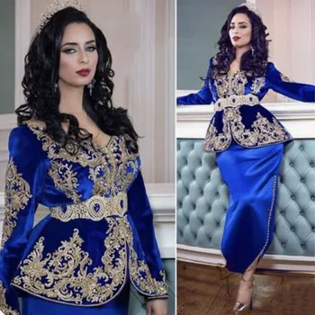 Karakou Cezayir Elbise Kraliyet Mavi Kısa Abiye 2021 Seksi Uzun Kollu Boncuklu Dantel Çay Boyu Kadınlar Balo Abiye Kaftan